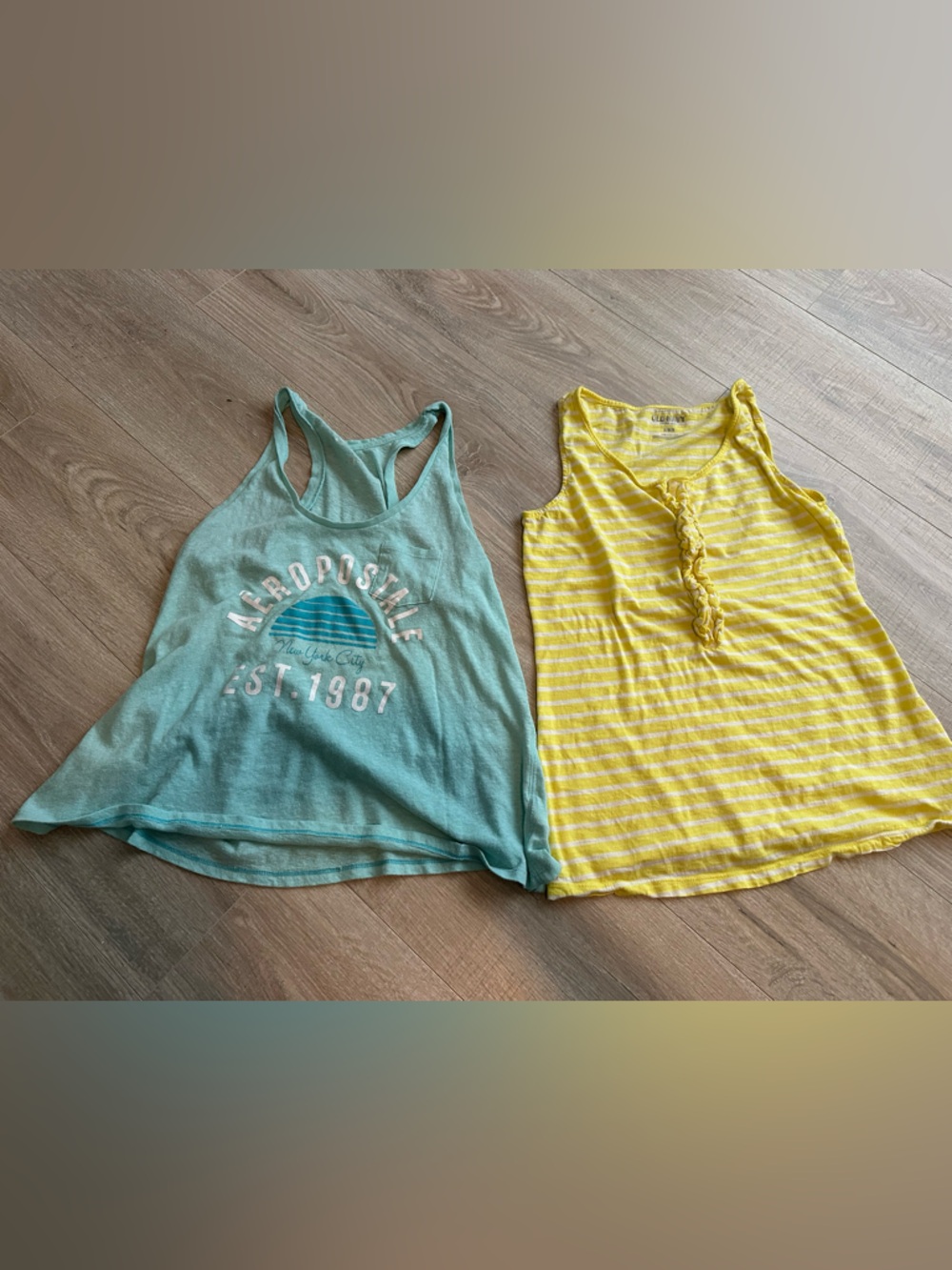 Aeropostale Teal Graphic Racerback Tank & Old Navy yellow Striped Ruffle Tank